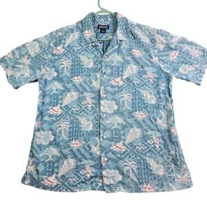 Vintage Lands' End Hawaiian Button Shirt Men's Large Blue Surfing Ocean Fish Fun